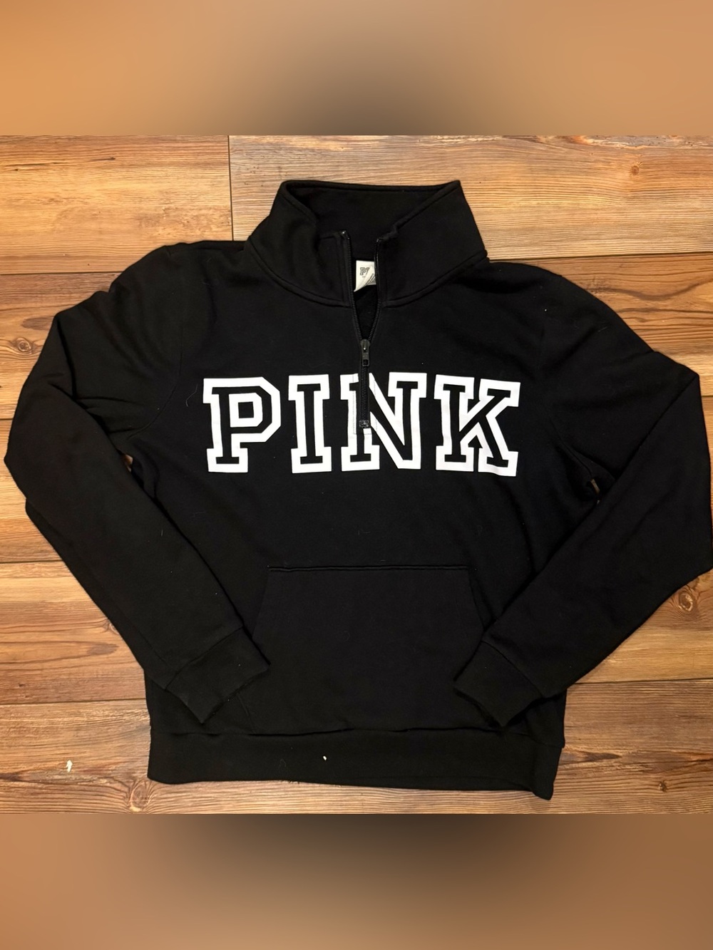 PINK Victoria’s Secret Quarter Zip Pullover Black Logo Sweatshirt Medium